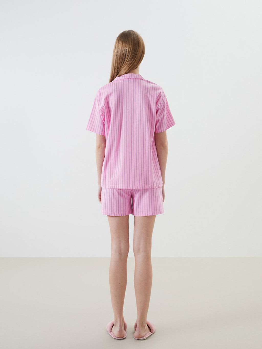 LCW Young Shirt Collar Striped Women Shorts Pajama Set