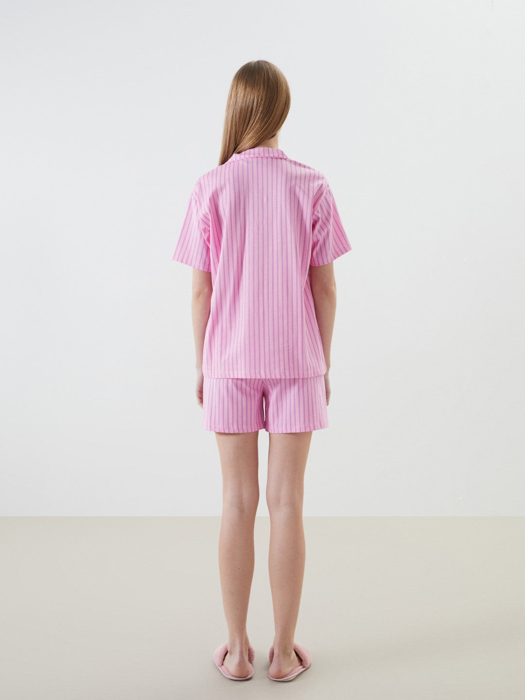 LCW Young Shirt Collar Striped Women Shorts Pajama Set