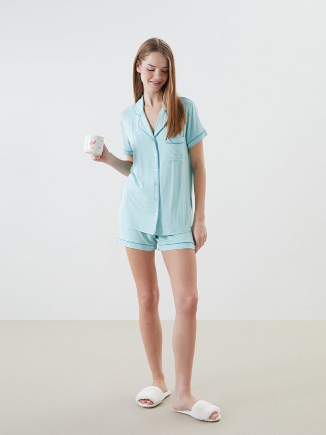 LCW DREAM Turquoise Shirt Collar Women Shorts Pajama Set Hover Image