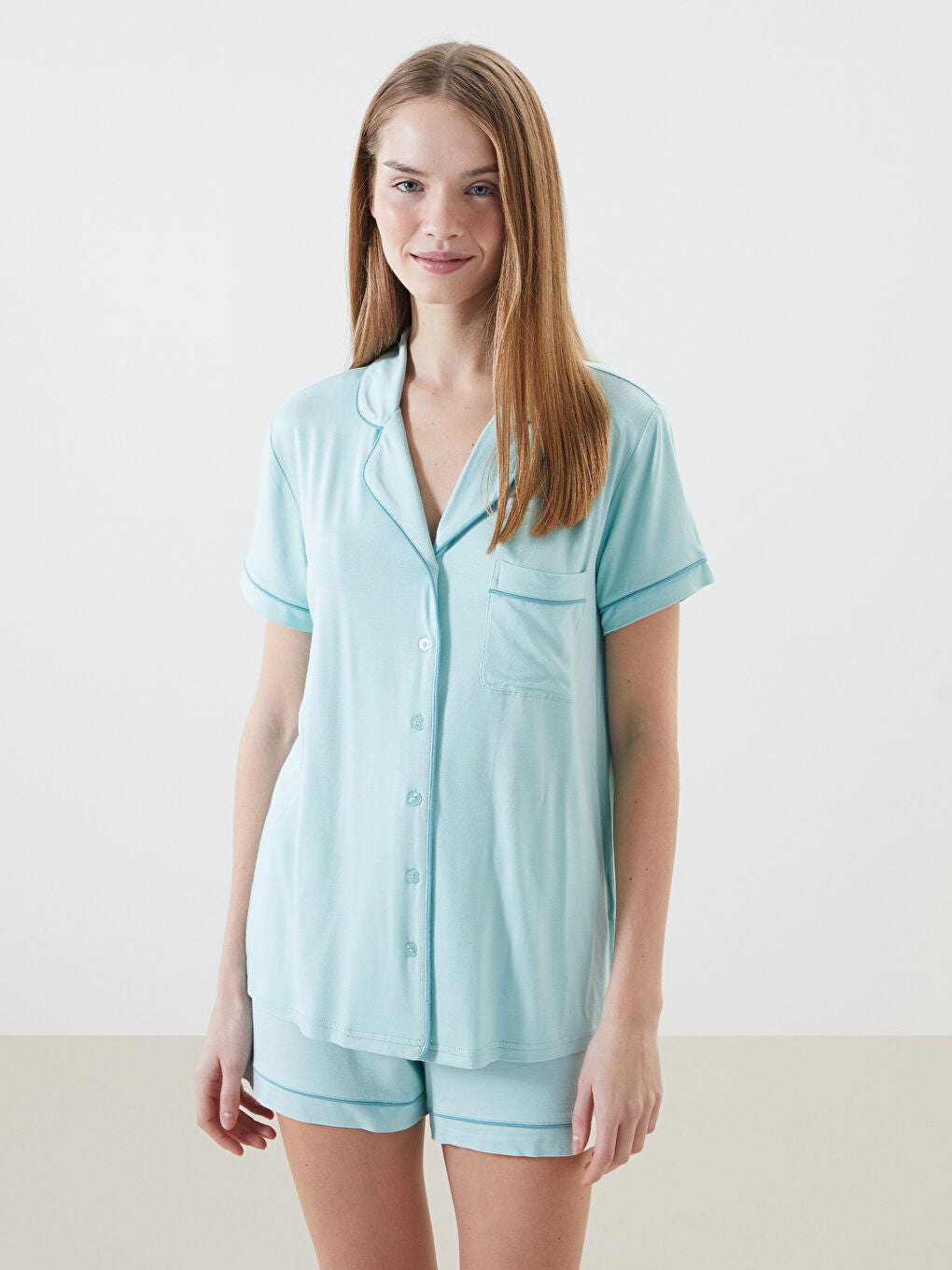 LCW DREAM Turquoise Shirt Collar Women Shorts Pajama Set