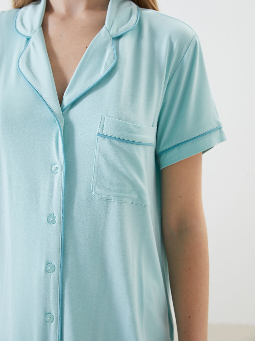 LCW DREAM Turquoise Shirt Collar Women Shorts Pajama Set