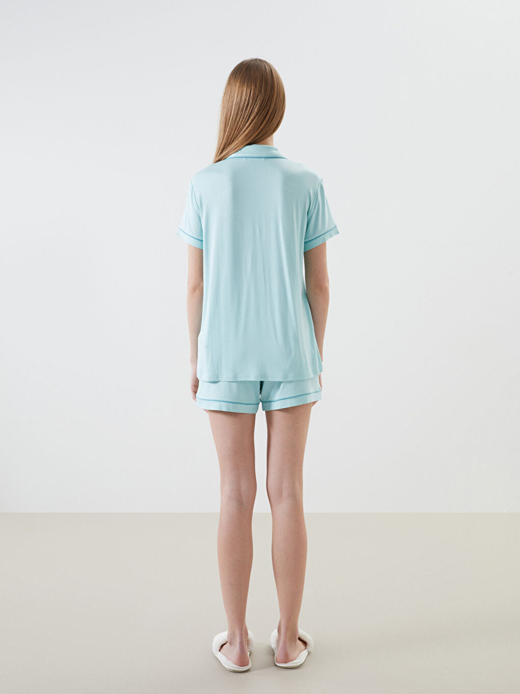 LCW DREAM Turquoise Shirt Collar Women Shorts Pajama Set