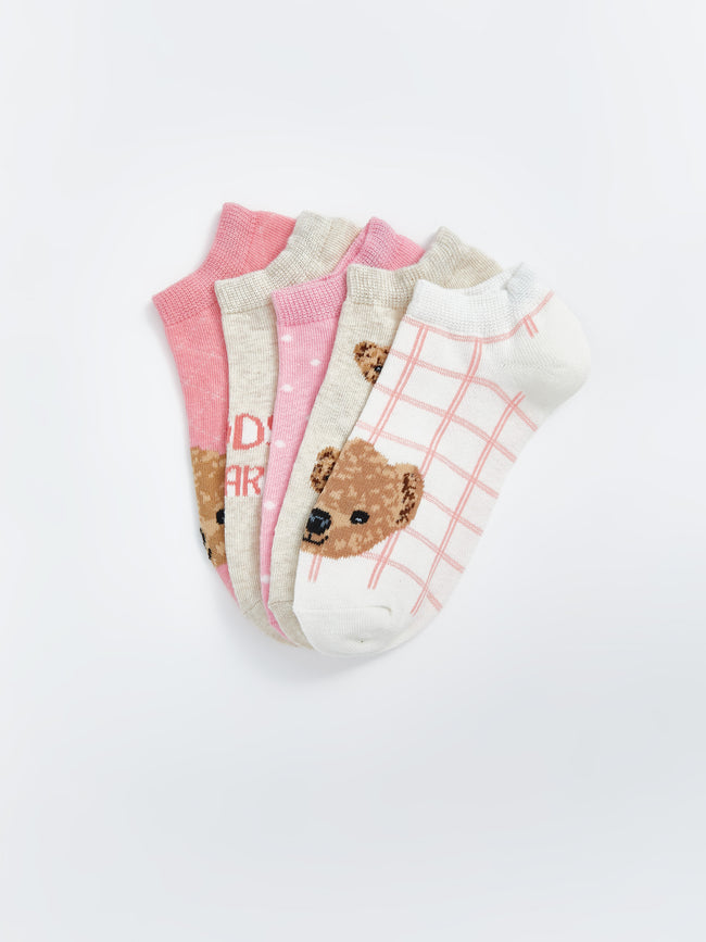 Bear Teddy Patterned Girls Booties Socks 5-Pack Main Image