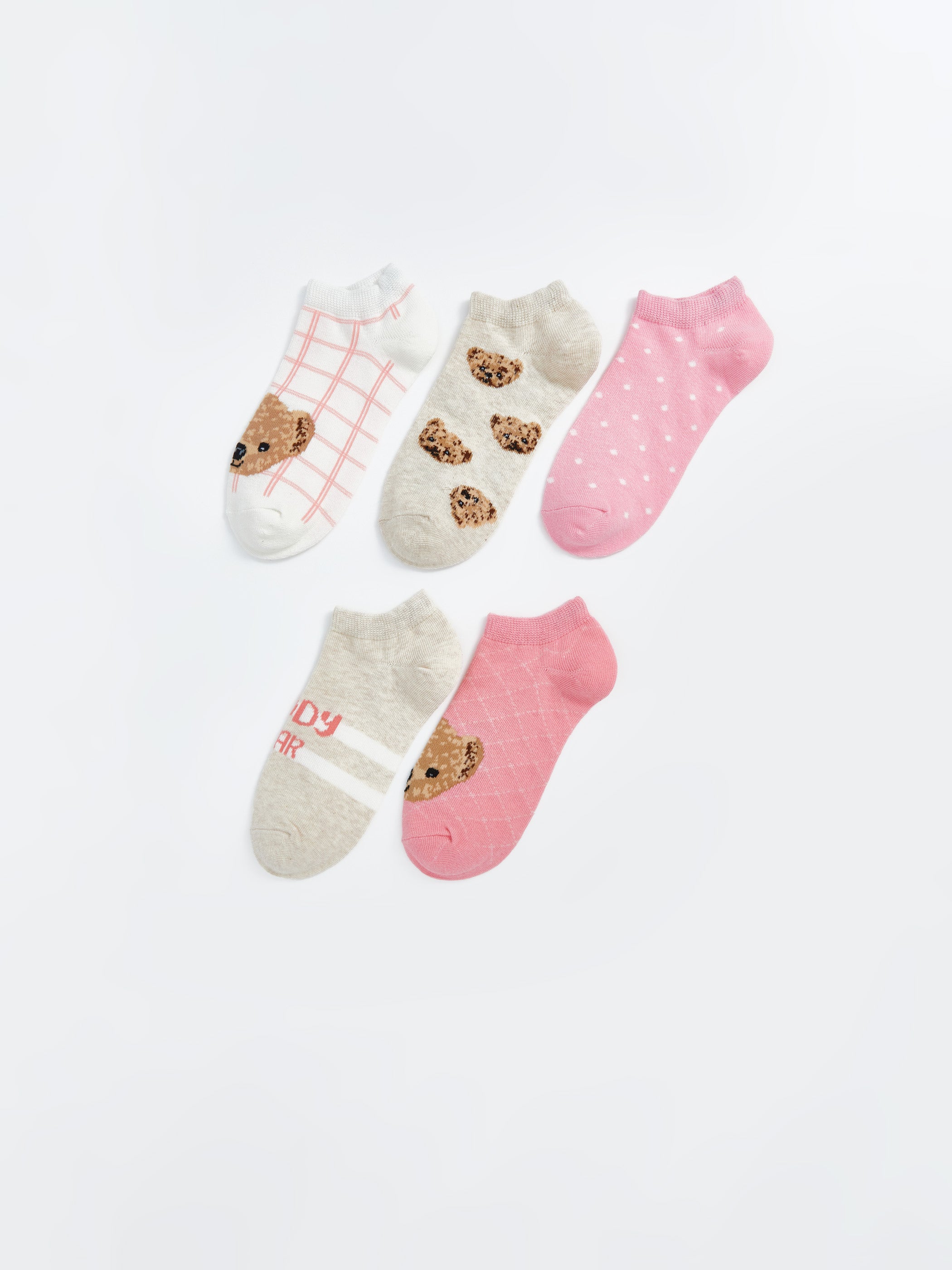 Bear Teddy Patterned Girls Booties Socks 5-Pack