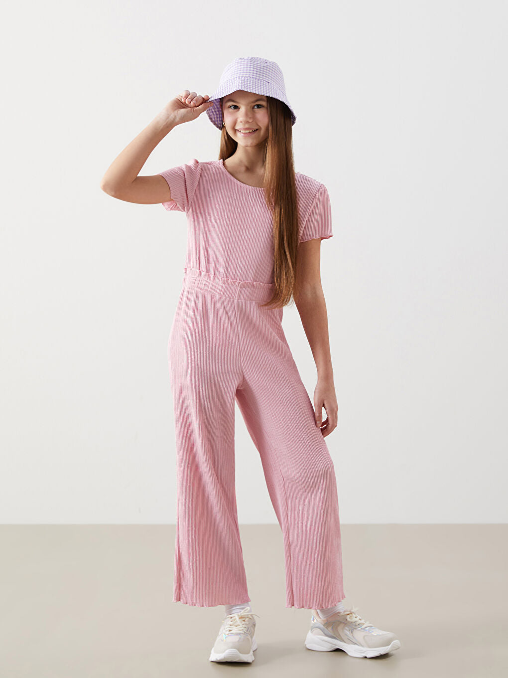 LCW Kids Pink Crew Neck Girl Jumpsuit