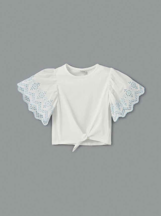 LCW Kids White Crew Neck Girls Crop T-Shirt Hover Image