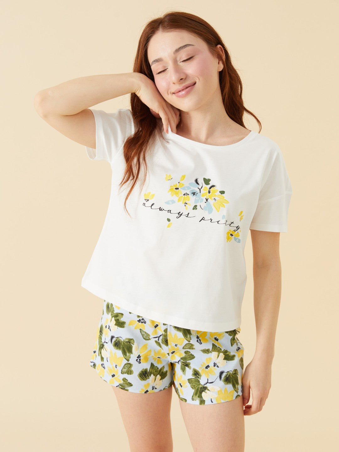 LCW Dream Petite Crew Neck Women Shorts Pajama Set