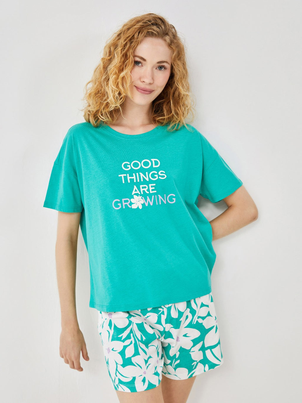 LCW Dream Crew Neck Printed Women Shorts Pajama Set