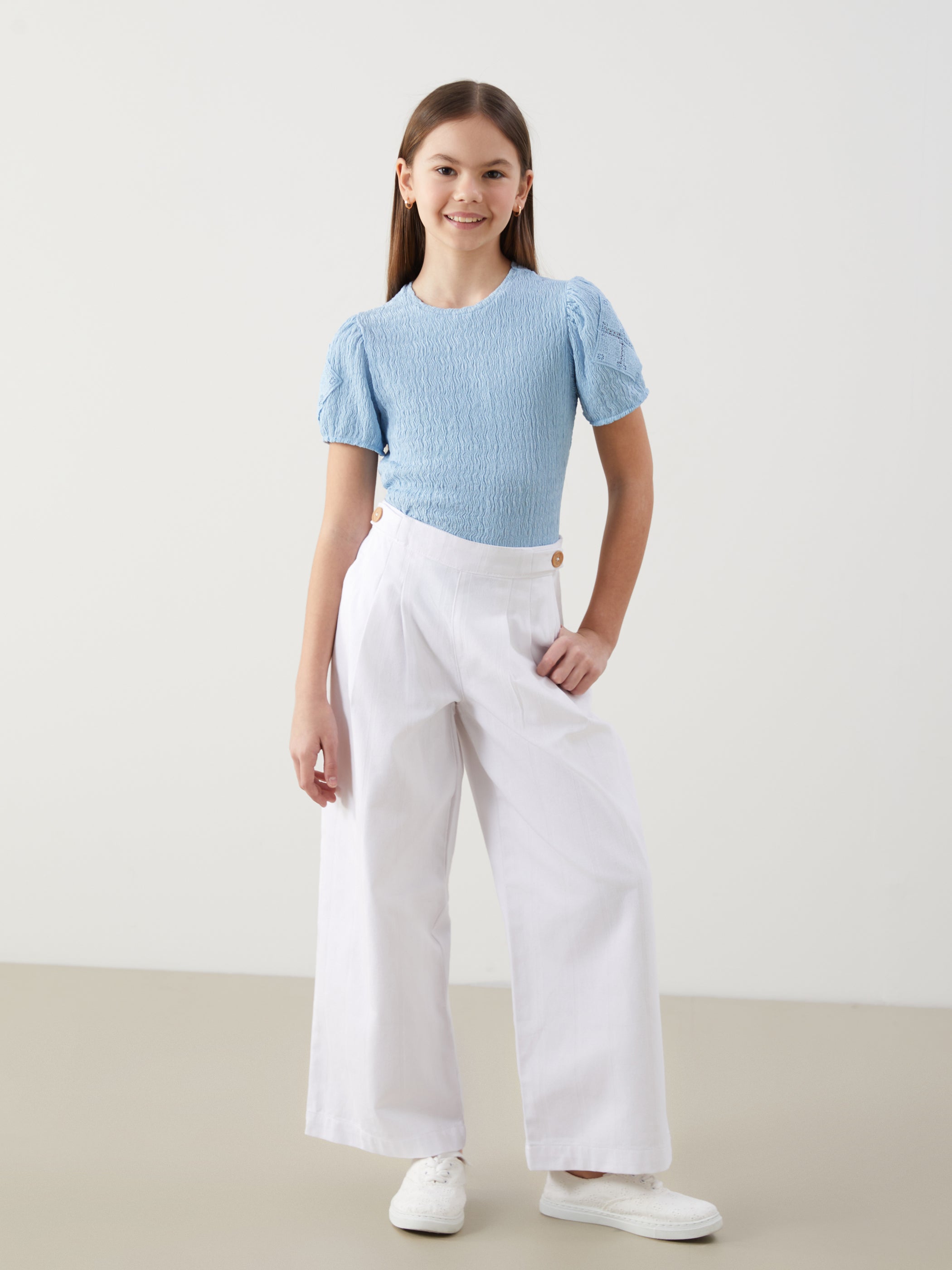 Elastic Waist Linen Blend Girl Trousers