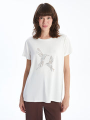 LCWAIKIKI Classic Ecru Crew Neck Printed Women T-Shirt