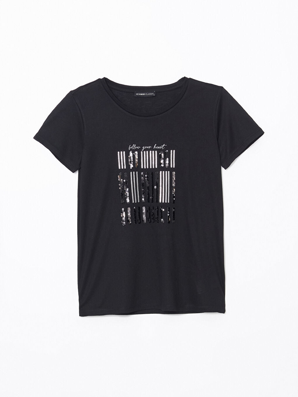 LCWAIKIKI Classic Black Crew Neck Sequin Embroidered Women T-Shirt