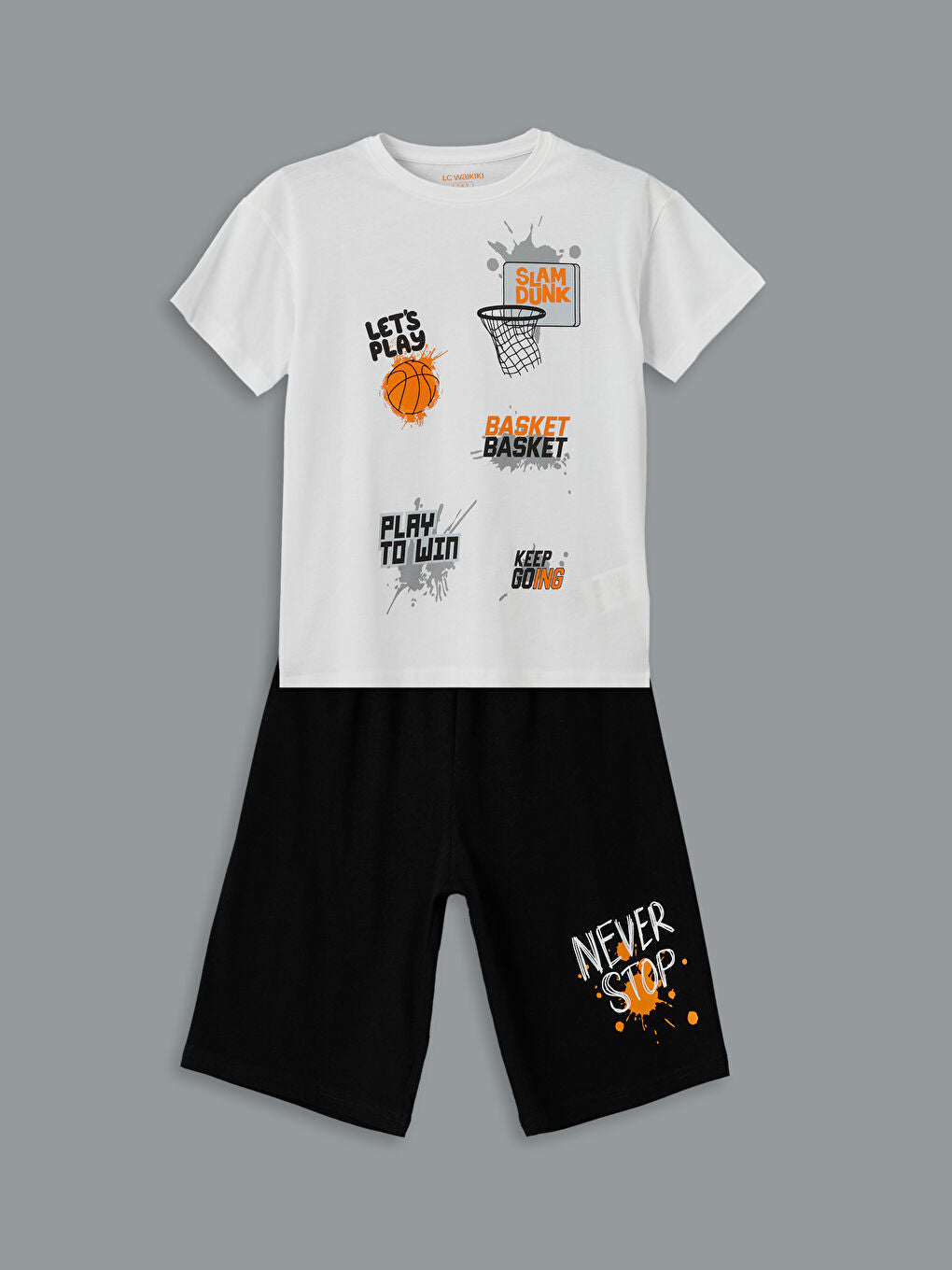 LCW Kids White Crew Neck Boy Shorts Pajama Set