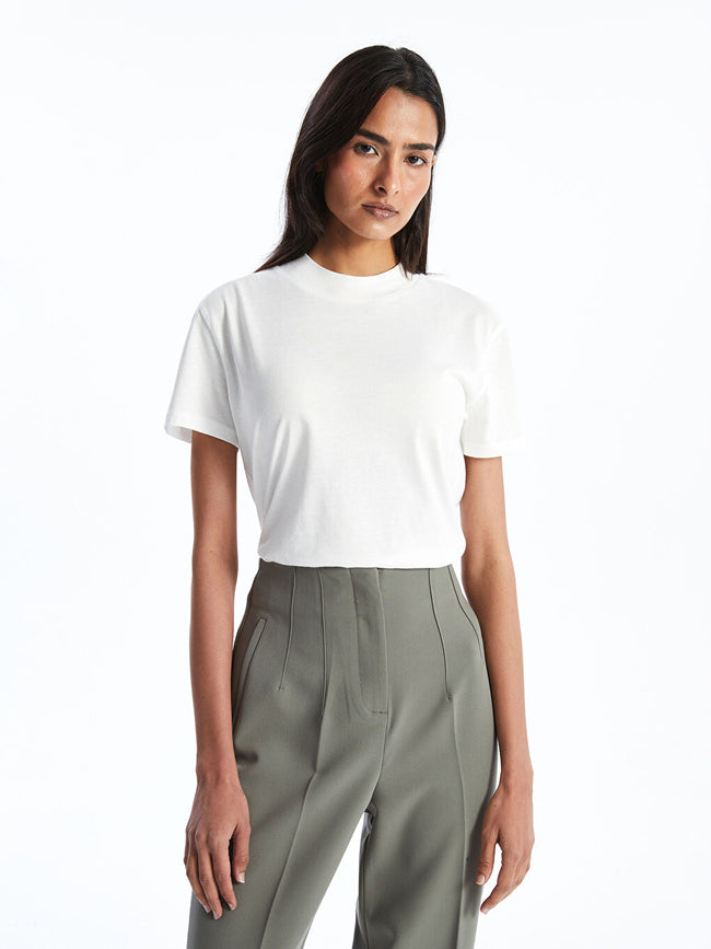 LCWAIKIKI Classic Ecru Stand Collar Women T-Shirt Hover Image