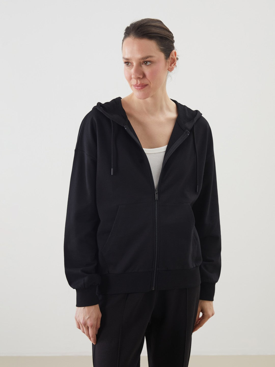 LCW Classic Black Hooded Oversize Women Zippered Sweatshirt