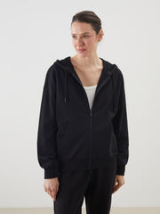 LCW Classic Black Hooded Oversize Women Zippered Sweatshirt