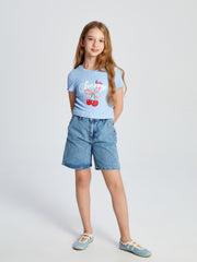 LCW Kids Crew Neck Cherry Printed Girls Crop T-Shirt