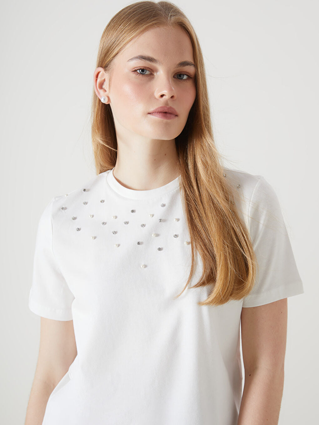 LCW Vision Ecru Crew Neck Stoned Women T-Shirt