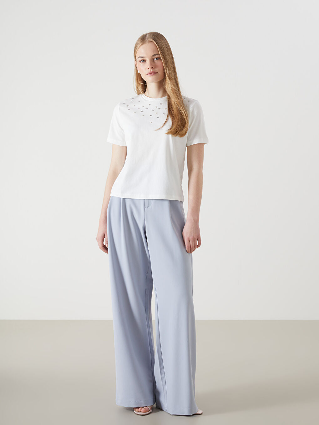 LCW Vision Ecru Crew Neck Stoned Women T-Shirt