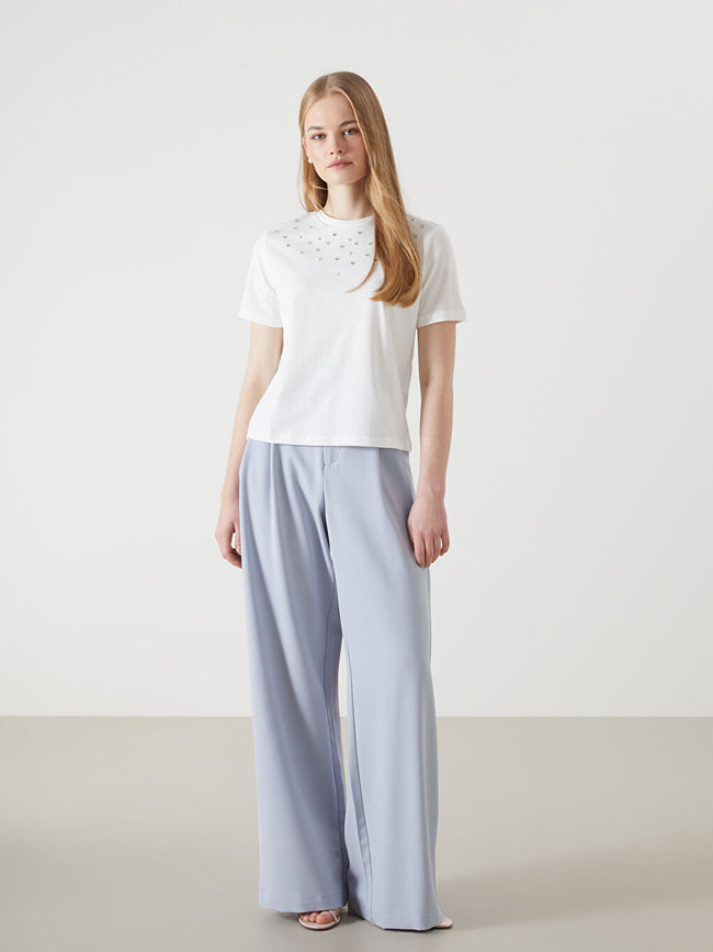 LCW Vision Ecru Crew Neck Stoned Women T-Shirt Main Image