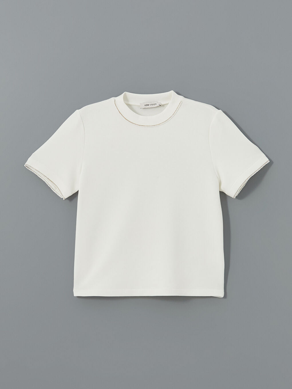 LCW Vision Ecru Stand Collar Stoned Women T-Shirt