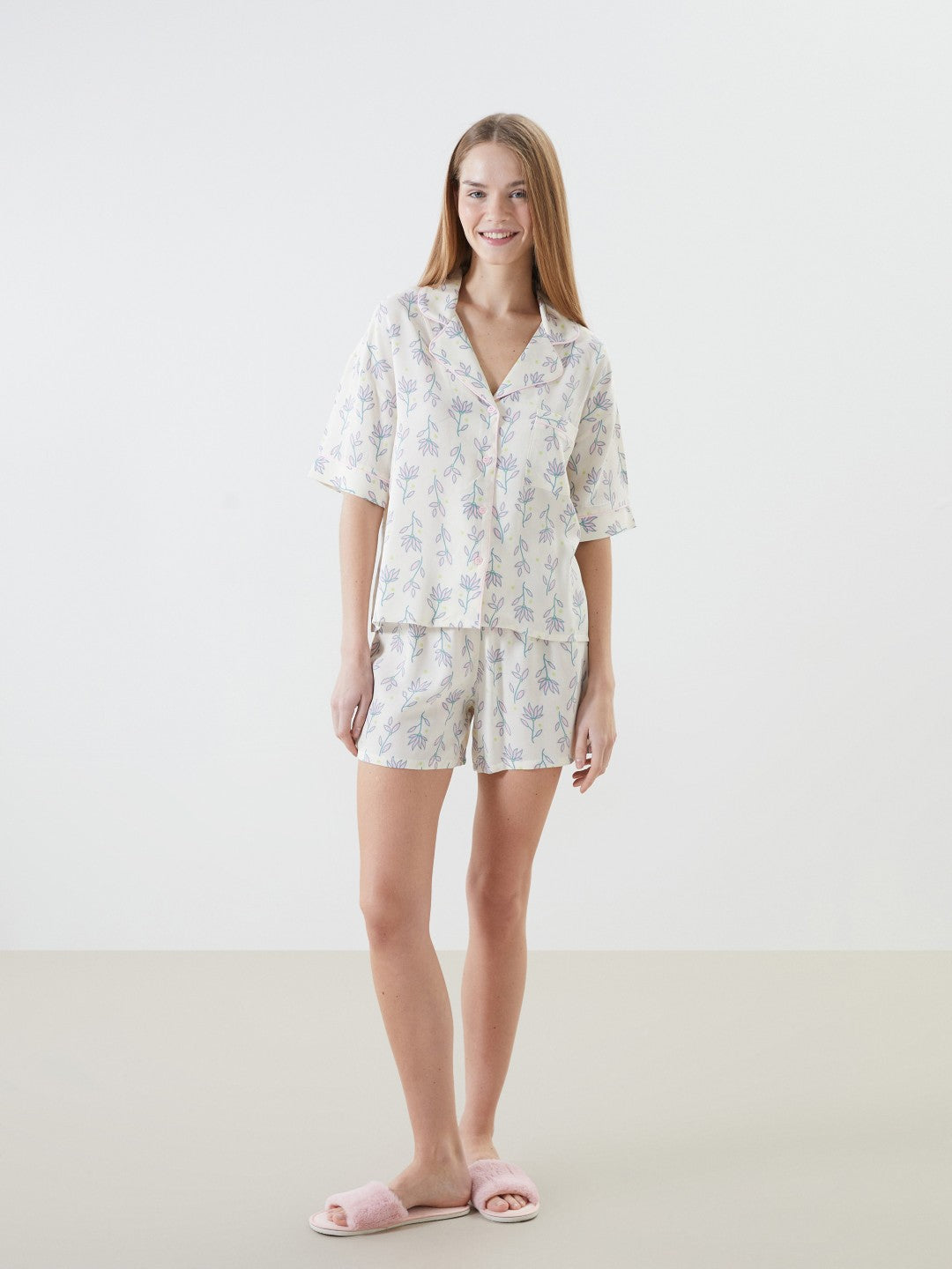LCW Dream Shirt Collar Patterned Women Shorts Pajama Set