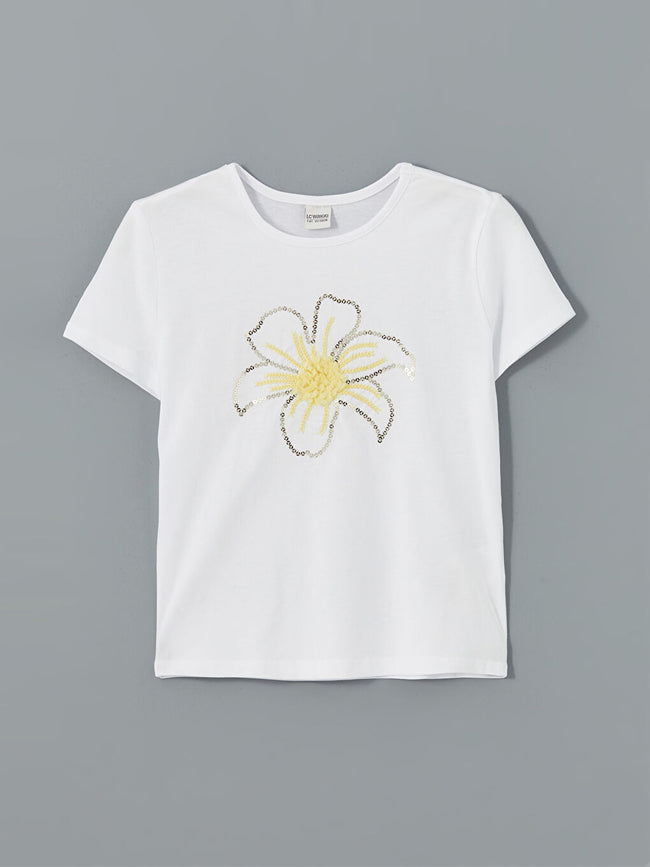 LCW Kids White Crew Neck Floral Girls T-Shirt Hover Image