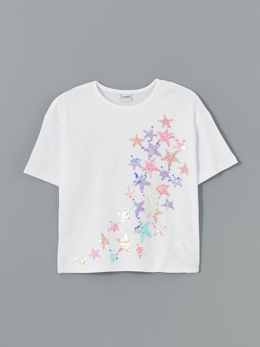 LCW Kids Ecru Crew Neck Sequined Girls T-Shirt