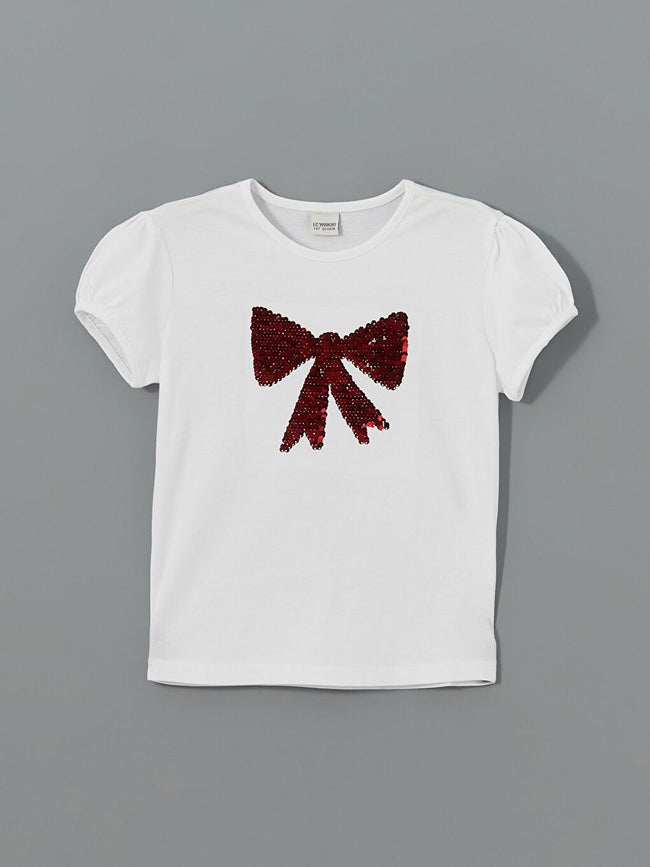 LCW Kids White Crew Neck Double Sided Sequined Girls T-Shirt Hover Image