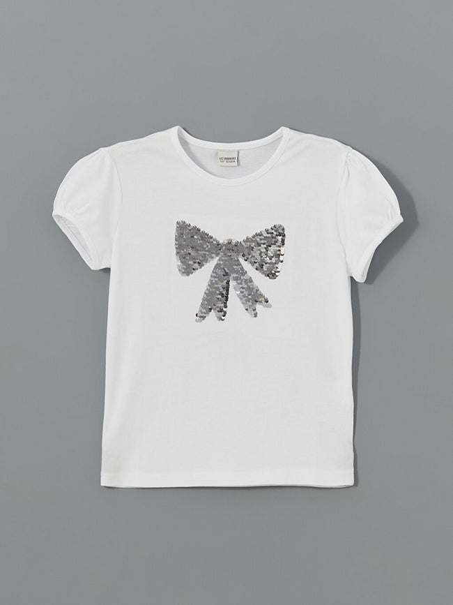 LCW Kids White Crew Neck Double Sided Sequined Girls T-Shirt Main Image