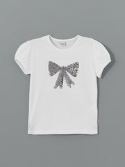 LCW Kids White Crew Neck Double Sided Sequined Girls T-Shirt