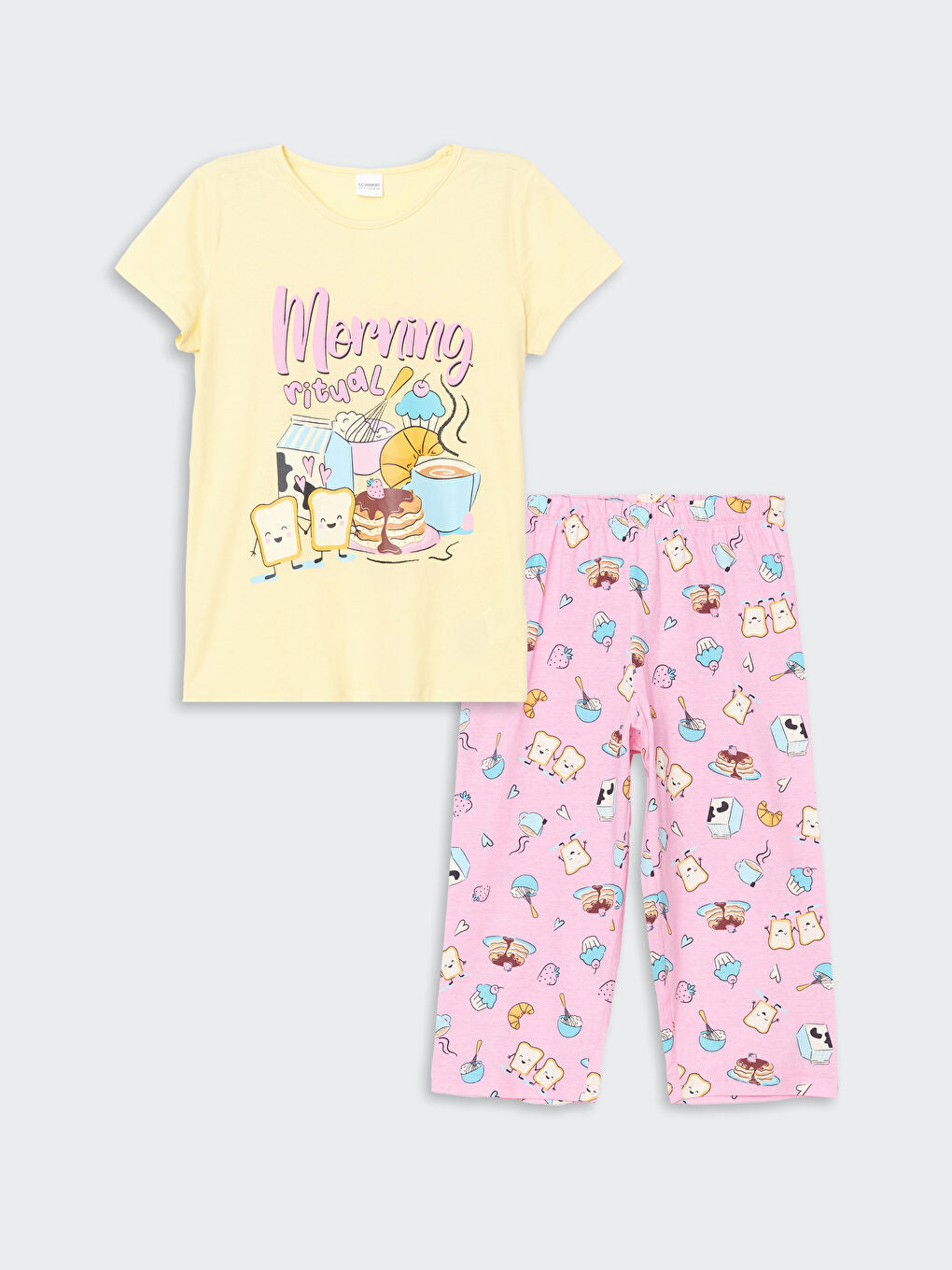 LCW Kids Yellow Crew Neck Girls Pajama Set