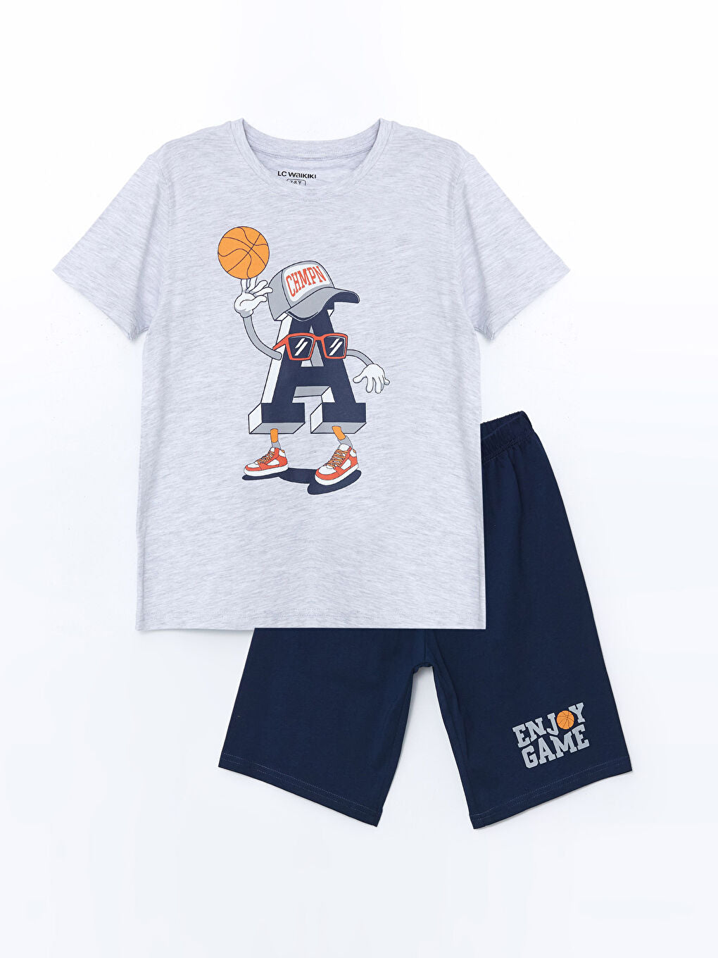LCW Kids Gray Crew Neck Boy Shorts Pajama Set