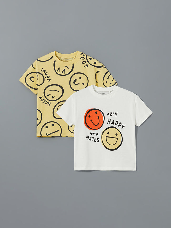 LCW Kids Ecru Crew Neck Printed Boys T-Shirt 2-Pack Hover Image