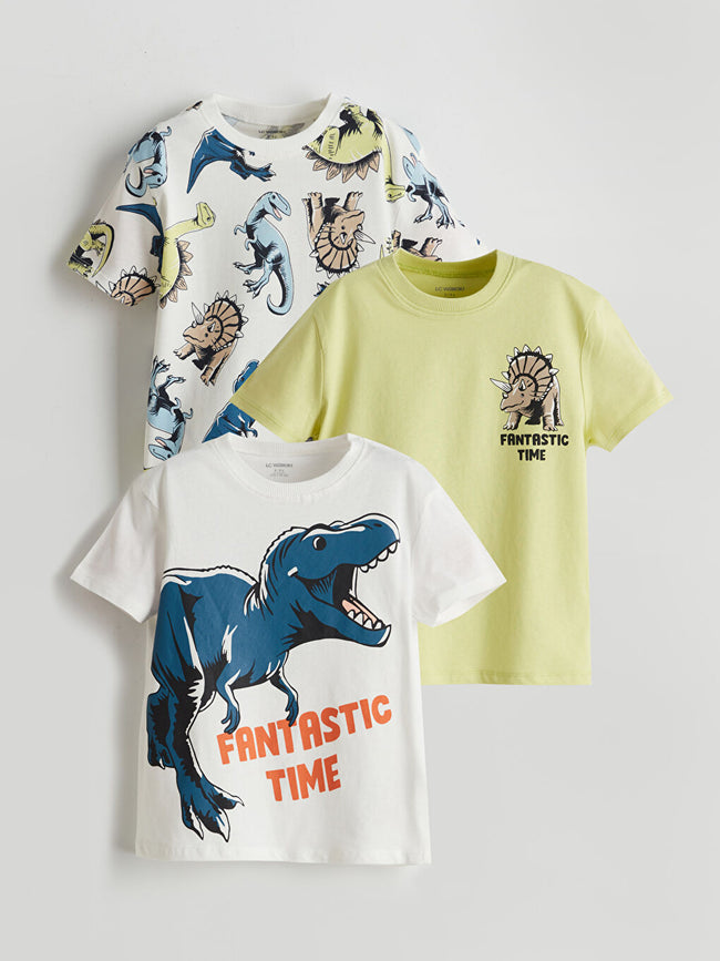 LCW Kids Ecru Crew Neck Dinosaur Printed Boys T-Shirt 3-Pack Hover Image