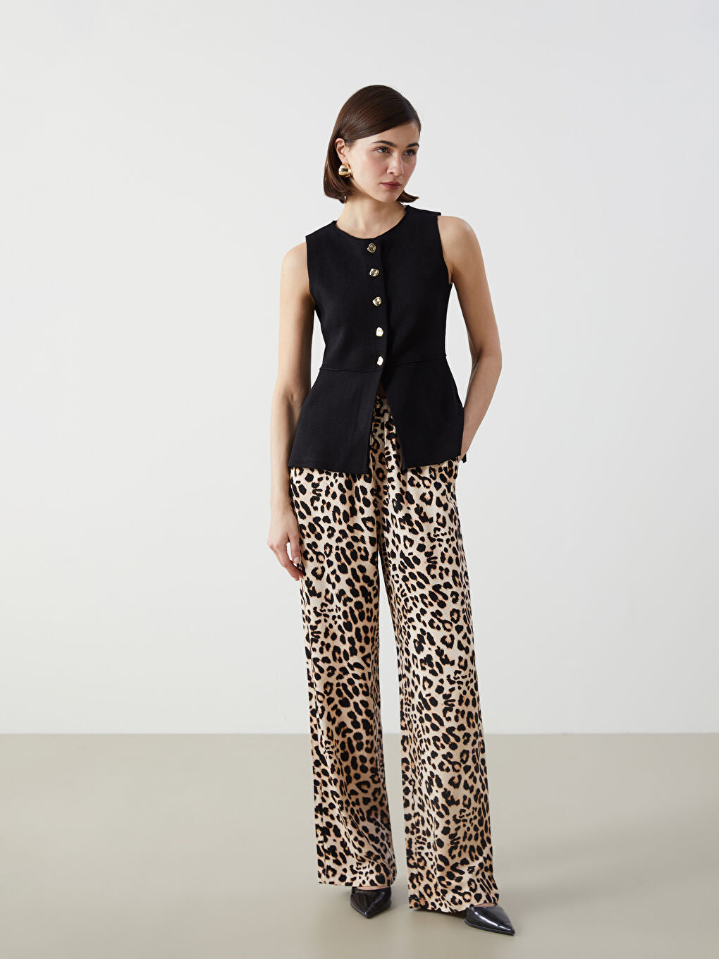 LCW Vision Brown Elastic Waist Leopard Patterned Linen Blend Women Trousers