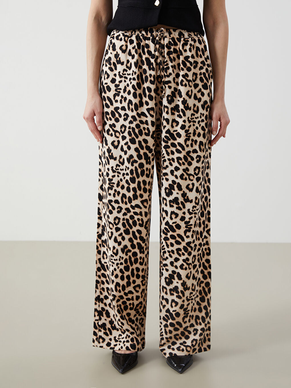 LCW Vision Brown Elastic Waist Leopard Patterned Linen Blend Women Trousers