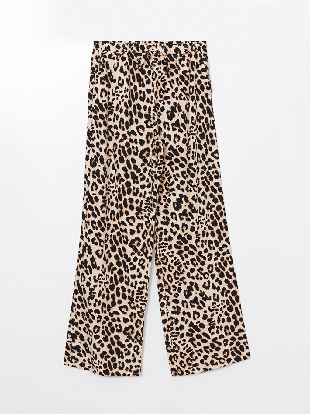 LCW Vision Brown Elastic Waist Leopard Patterned Linen Blend Women Trousers
