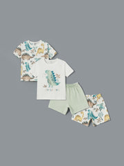 LCW Baby Crew Neck Dinosaur Printed Baby Boy Shorts Pajama Set 2-Piece