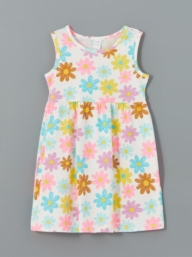 LCW Kids Crew Neck Floral Girls Cotton Dress Hover Image