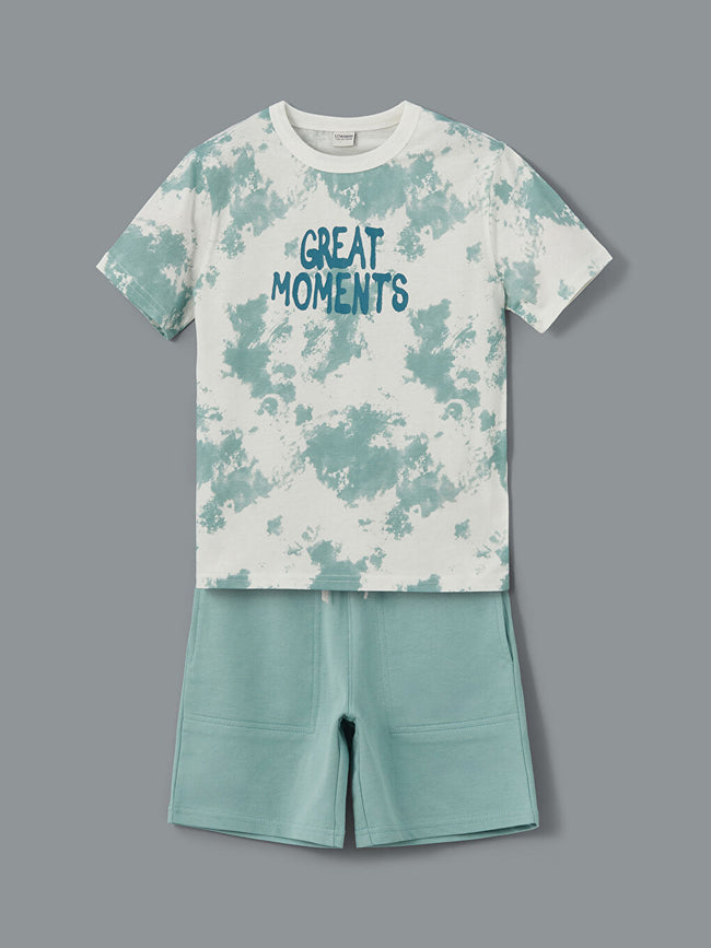 LCW Kids Ecru Crew Neck Boy T-Shirt and Shorts Hover Image