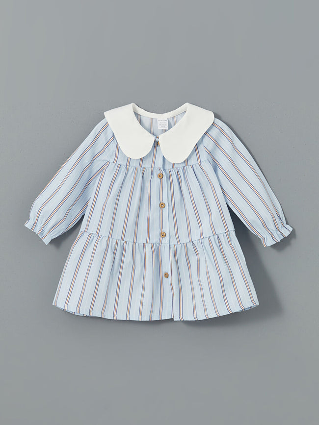 LCW baby Blue Baby Collar Striped Baby Girl Poplin Dress Hover Image