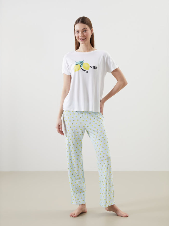 LCW Dream Crew Neck Printed Women Pajama Set Hover Image