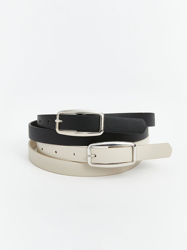 LCW ACCESSORIES Black Leather Look Women Belt 2-Pack Hover Image