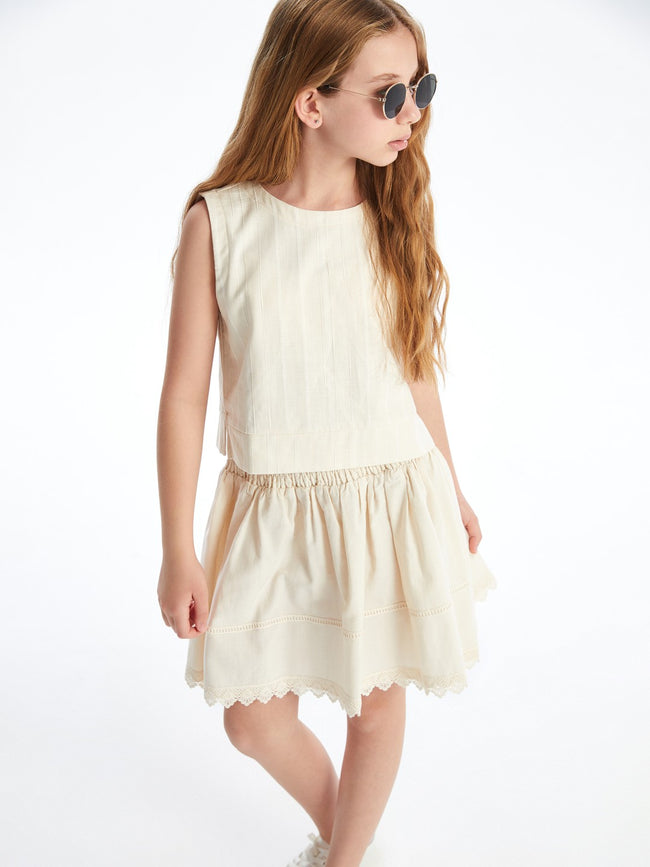 LCW Kids Elastic Waist Linen Blend Girl Skirt Hover Image