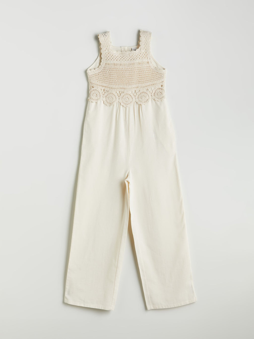 LCW Kids Square Neck Lace Detailed Linen Blend Girl Jumpsuit
