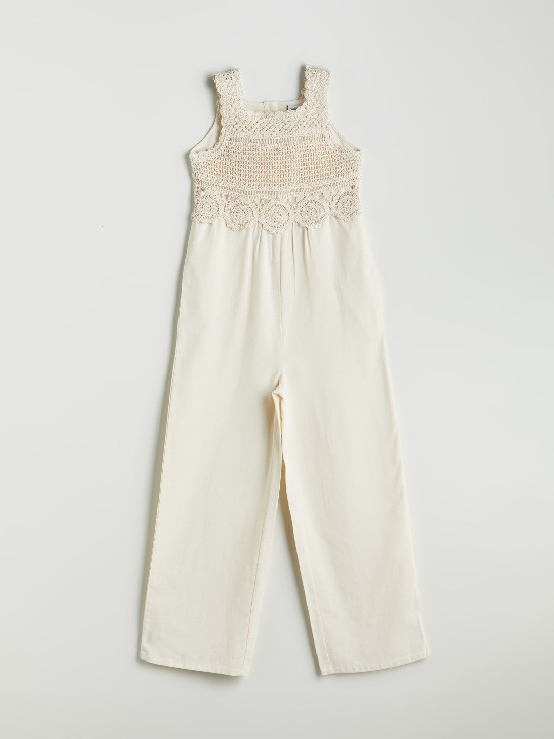 LCW Kids Square Neck Lace Detailed Linen Blend Girl Jumpsuit