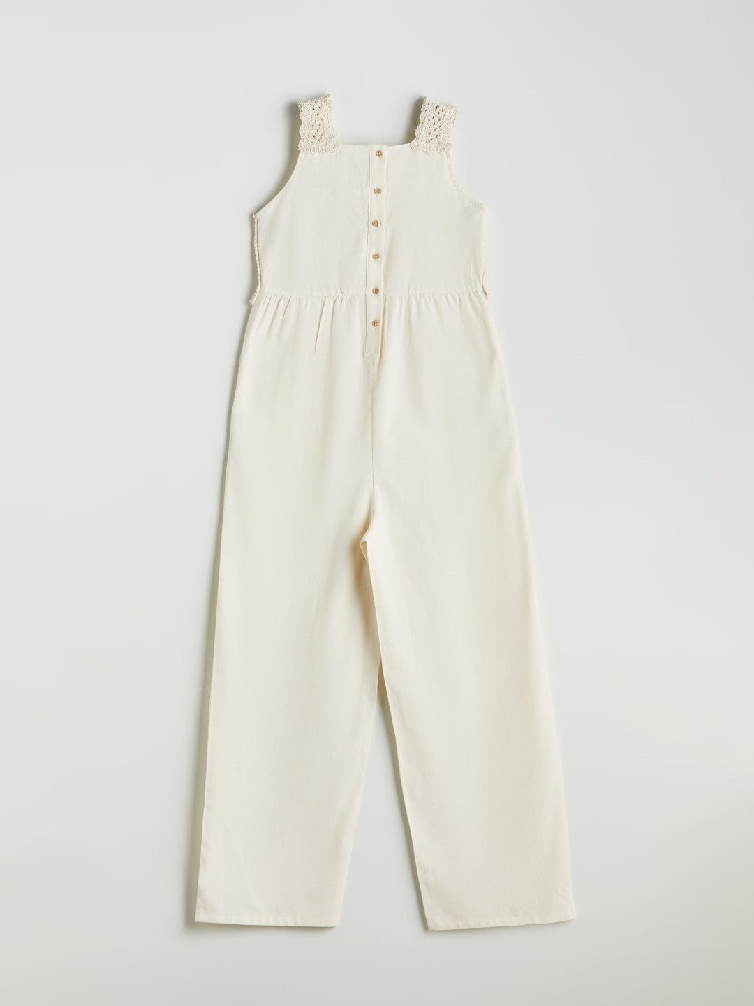 LCW Kids Square Neck Lace Detailed Linen Blend Girl Jumpsuit