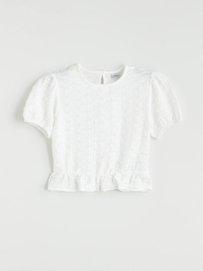 LCW Kids Crew Neck Ruffle Detailed Girls Crop T-Shirt Hover Image