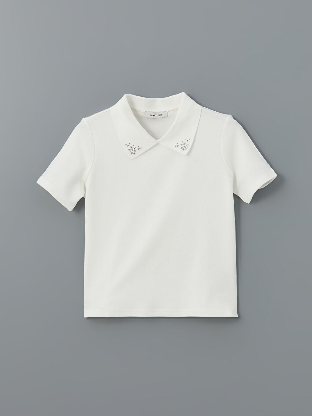 LCW Vision Ecru Polo Collar Stoned Women T-Shirt