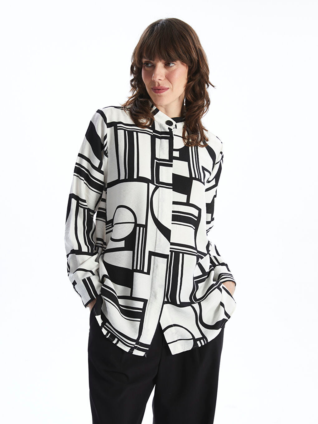 LCWAIKIKI Classic Black Judge Collar Patterned Women Shirt Tunic